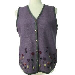 Sag Harbor Purple Wool Embroidered Flowers Button Up Vintage Vest Small